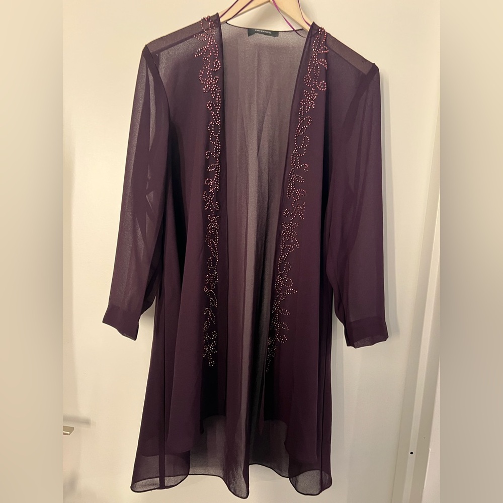 R&M Richards Sheer Open-Front Cardigan in Plum size S/M